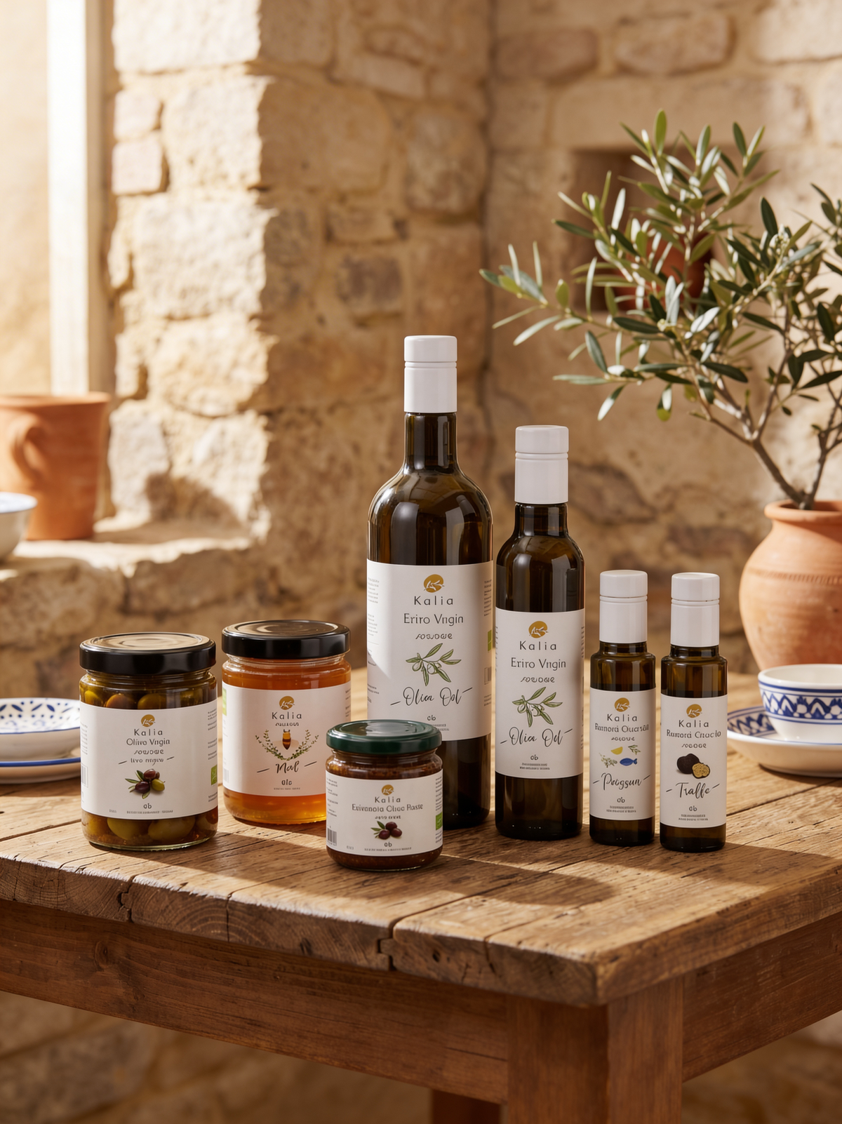 Gamme complète Kalia — Huiles d'olive bio extra vierge, olives et miels de Grèce